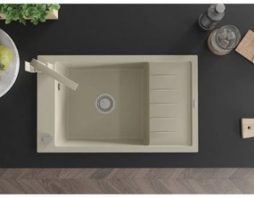 Mexen Elias, granitový drez granitový 795x480x200 mm, 1-komorový, béžová s chrómovým sifónom a béžová drezová batéria Rita, 6511-69-670300-69