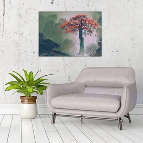 Sklenený obraz osamoteného červeného stromu (70x50 cm)