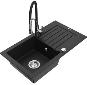 Mexen Pablo, 1-komorový granitový drez 752x436x161 mm a drezová batéria Aster, čierna, 6510-77-73450-07