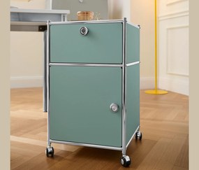 Kancelárska skrinka na kolieskach »CN3« so zásuvkou a dvierkami, šalviová zelená