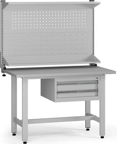 Výškovo nastaviteľný dielenský stôl G5 s nadstavbou, 1200 x 750 x 800-1000 mm, 1x kontajner, 2 zásuvky, sivá