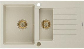 Mexen Matias - drez granitový 900x505x200 mm, 1,5-komorový, béžová so zlatým sifónom, 6502901505-69-G
