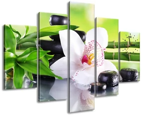 Gario Obraz s hodinami Biela orchidea a kamene - 5 dielny Rozmery: 150 x 105 cm