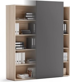 Kancelársky regál s posuvným panelom BLOCK, 1600 × 400 × 1748 mm, prírodný dub/grafitová