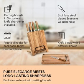 Klarstein Komaki, sada nožov, 8-dielna, 5 nožov, 3 dosky na krájanie, držiak na ostrenie nožov