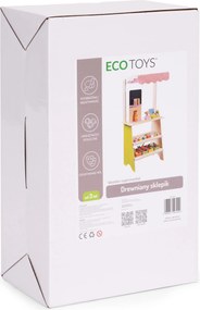 Detský drevený stánok ECOTOYS pre deti 3+ s pokladňou, terminálom, váhou, 20 dielov