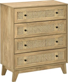HOMCOM Skrinka s 4 zásuvkami s ratanovými čelami 80 x 35 x 95 cm v svetlej drevenej úprave | Aosom