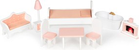 Veľký drevený domček pre bábiky ECOTOYS – 3 poschodia, 9 dielikov nábytku (pre Barbie)