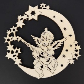AMADEA Drevená ozdoba anjel na mesiaci s gitarou 9 cm