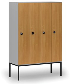 Drevená šatníková skrinka s podnožou, 4 oddiely, 1871 x 1200 x 500 mm, RFID zámok, sivá/buk