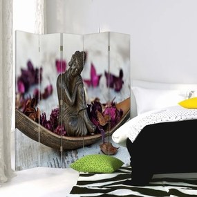 Ozdobný paraván, Buddha ve fialových okvětních lístcích - 180x170 cm, päťdielny, obojstranný paraván 360°