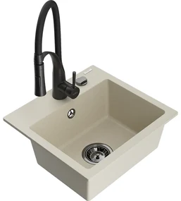 Mexen Milo, 1-komorový granitový drez 435x410x171 mm a drezová batéria Aster, béžová, 6505-69-73450-70-B
