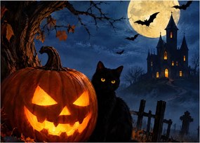 Sklenený obraz - Čierna mačka pri svietiacej tekvici na Halloween (70x50 cm)