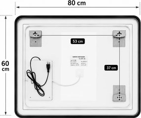 Erga Sari, LED zrkadlo v čiernom ráme s vyhrievaním a dotykovým ovládaním, 80 × 60 cm, čierna matná, ERG-YKA-MR.SARI-BLK-60X80
