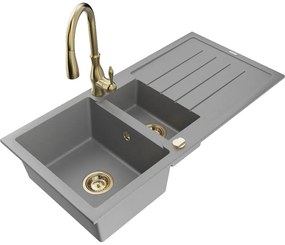 Mexen Andres, 1,5-komorový granitový drez 1000x500x200 mm a drezová batéria Savita, šedá, 6515-71-672601-50