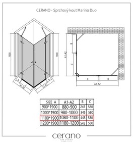 Cerano Marino Duo, sprchovací kút 110(dvere) x 110(dvere), 6mm číre sklo, čierny profil, CER-CER-423042