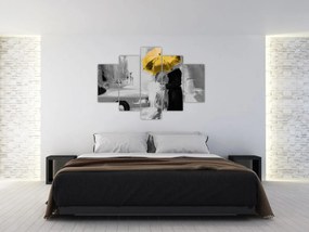 Obraz - Zamilovaný pár pod dáždnikom, žltý (150x105 cm)