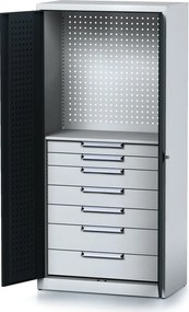 Policová dielenská skriňa 2-dverová MECHANIC, 1 polica, 7 zásuviek, 920 x 500 x 1950 mm, grafitové dvere