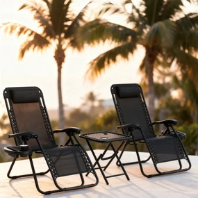 Set 2 polohovateľných záhradných lehátok so stolíkom - čierny