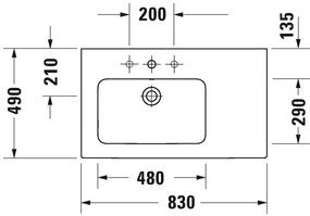 Duravit ME by Starck - Umývadlo do nábytku asymetrické 830x490 mm, s prepadom, 1 otvor na batériu, biela 2345830000