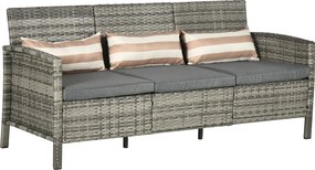Outsunny Ratanová sedačka s vankúšmi, pre 3 osoby, Záhradná lounge sedačka, Oceľ, Šedá, 173 x 68 x 78 cm | Aosom