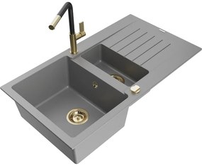 Mexen Matias, 1,5-komorový granitový drez 900x505x200 mm a drezová batéria Flora, šedá, 6502-71-670401-57-G