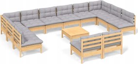 vidaXL 13-dielna sedacia súprava do záhrady, sivé vankúše, borovica