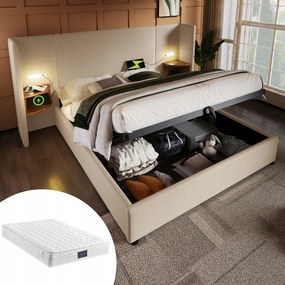 Čalúnená posteľ Dvojlôžková posteľ 160×200 cm Usb typu C béžová matrac