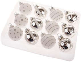 Súprava sklenených ozdôb Glimmer Collection, strieborná a biela, 12 ks, pr. 3 cm