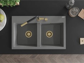 Mexen Hektor, 2-komorový granitový drez 800x480x205 mm, šedá, zlatý sifón, 6521802000-71-G