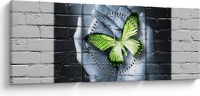 Obraz - Zelený motýľ v stene (s hodinami) (90x30 cm)