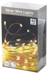 LED SVETIELKA STRIEBORNÝ DRÔTIK TEPLA BIELA 40LED NA BATERKY VNÚTORNÉ S ČASOVAČOM 2M