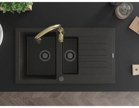 Mexen Matias, 1,5-komorový granitový drez 900x505x200 mm a drezová batéria Savita, čierna-zlatá metalíza, 6502-75-672601-50-B