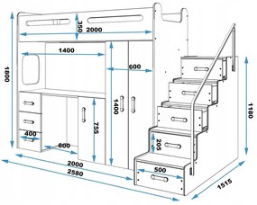 Interbeds MAX 4 poschodová posteľ 258x180 komplet + matrac + písací stôl + šatník modro-biela