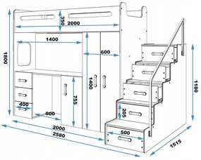 Interbeds MAX 4 poschodová posteľ 258x180 komplet + matrac + písací stôl + šatník biela