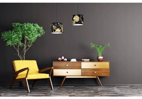 Závesné svietidlo Gold Flowers, 2x čierne textilné tienidlo s kvetinovým vzorom