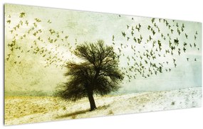 Obraz - Maľovaný kŕdeľ vtákov (120x50 cm)