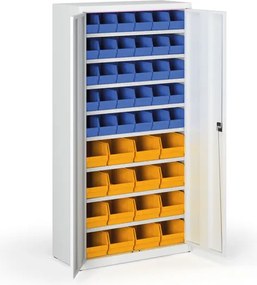 Skriňa s plastovými boxami BASIC - 1800 x 400 x 920 mm, 30xB/16xC, sivá/sivé dvere