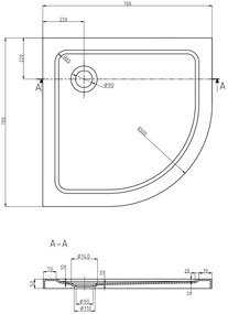 Mexen SLIM - Štvrťkruhová sprchová vanička 70x70x5cm + zlatý sifón, čierna, 41707070G