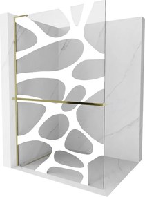 Mexen Kioto+ L, sprchová zástena Walk-In s poličkou a vešiakom 90 x 200 cm, 8mm číre sklo biely vzor, zlatý lesklý profil,800-090-123-50-97