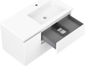 Mexen Rivel, kúpeľňová skrinka 90 cm s pravým umývadlom Otis, 2S, 1D, drážkovaná, biela matná, 91A23-09047-3-BBFFF01-W18P01