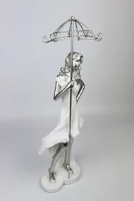 Bielo strieborná figúrka ženy s dáždnikom 43cm