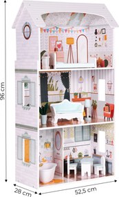 ECOTOYS Domček pre bábiky Alice z MDF, 3 poschodia, 4 izby, 9 dielov nábytku, pre deti 3+