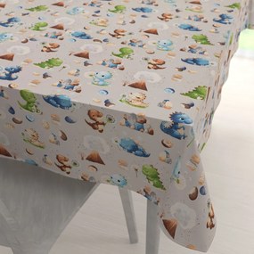 Biante Detský bavlnený obdĺžnikový obrus Sandra SA-656 Modro-zeleno-hnedé dinosaury na svetlo sivom 120x140 cm