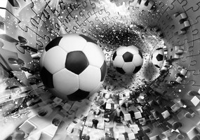 Fototapeta - Futbalové lopty v 3D puzzle tuneli (254x184 cm)