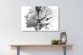 Obraz žena s maľovanými kvetmi v čiernobielom prevedení - 120x80