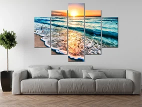 Gario Obraz s hodinami Západ slnka v Cancúne Mexiko - 5 dielny Rozmery: 150 x 70 cm