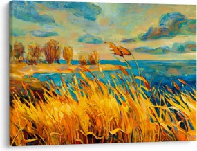 Obraz - Západajúce slnko nad jazerom, akrylová maľba (70x50 cm)
