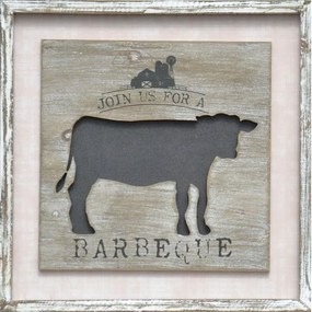 Plechovo-drevený obraz "Cow - Join us for a barbeque", 40x40x2,3