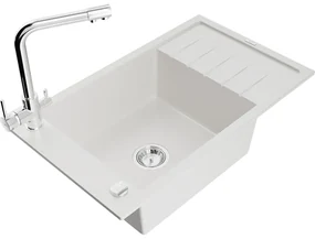 Mexen Elias, 1-komorový granitový drez s odkvapkávačom 795x480x200 mm a chrómová batéria Duero, biela, 6511-20-671600-00